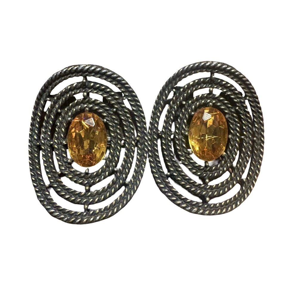 Vintage 1930s Art Deco Shoe Clips – Amber Glass Oval Stones & Rope Metal Design